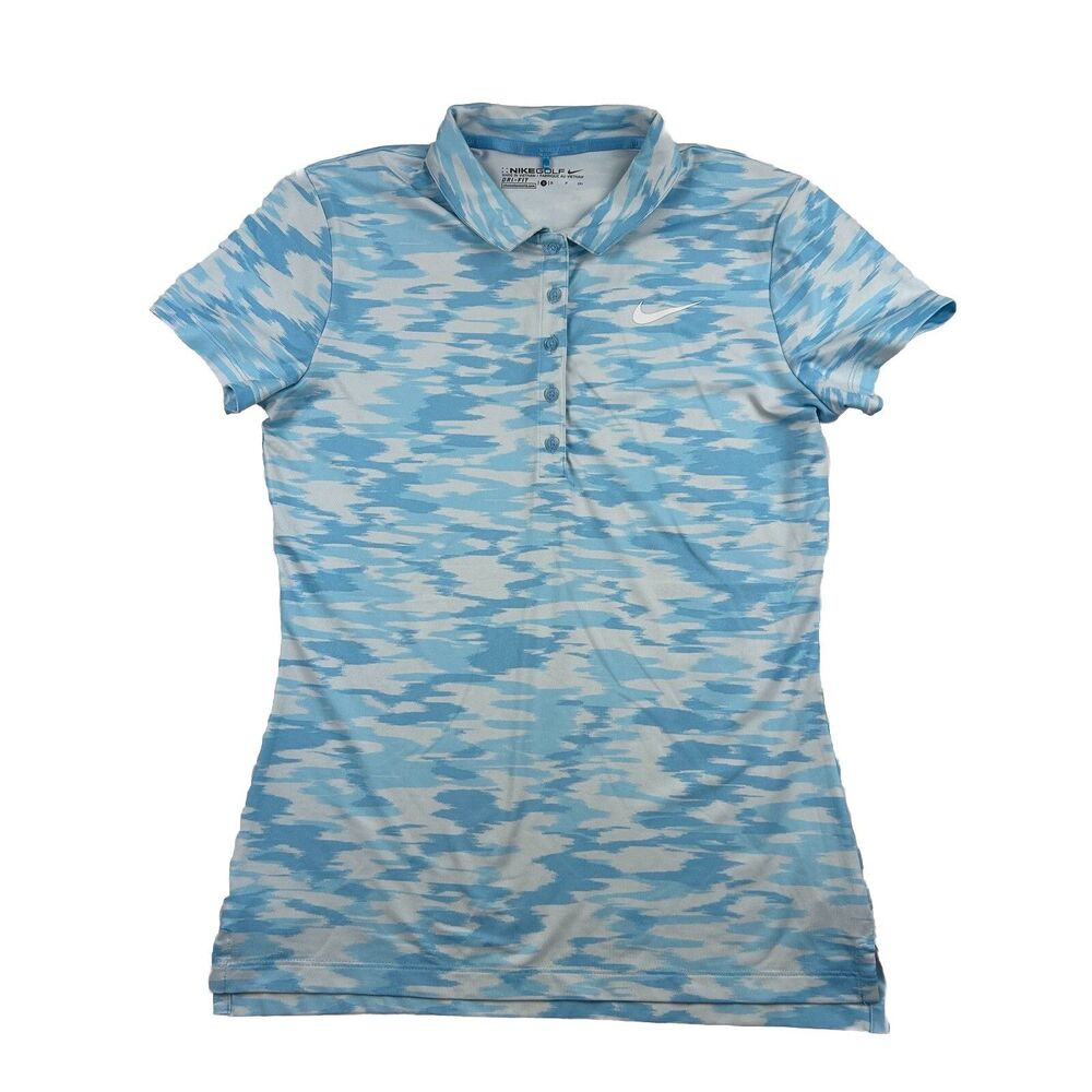 Nike Golf Dri Fit Polo Shirt Womens S Blue White All Over Print Short Sleeve